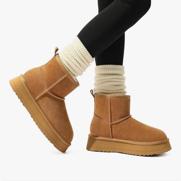 Shoes - Womens Tan Suede Platform Boots Warm Faux Fur Lined Winter Sz 9.5/10